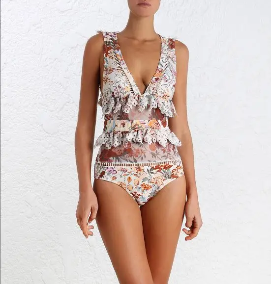 

Luxury Swimwear High-end Alchemy Flutter Floral Lace Ruffle embroidered Trimmed Swimsuit Sexy Siamese Triangle Female