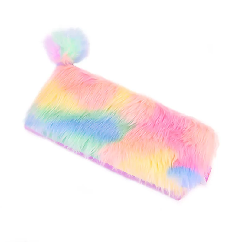 

2019 Imitation Rabbit Hair Ball Makeup Storage Pompom Cosmetic Bag Cute Multicolor Rainbow Pencil Bag Women's School Supplies