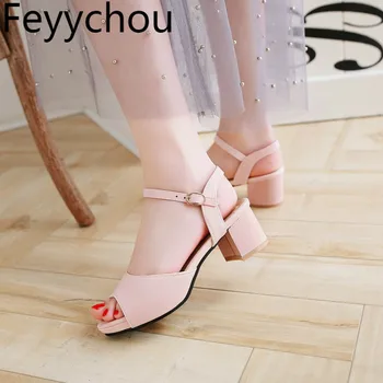 

Women Sandals Beach Shoes High Heel Pu Buckle 2018 Summer New Sexy Fashion Casual Office Wedding Dress Black Pink Size 34-47