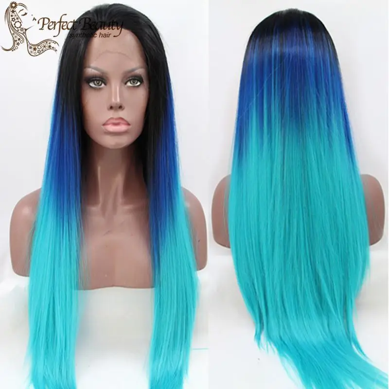 

Cosplay Cos Wig Long Straight Wig Black to Blue Ombre Synthetic Lace Front Wig