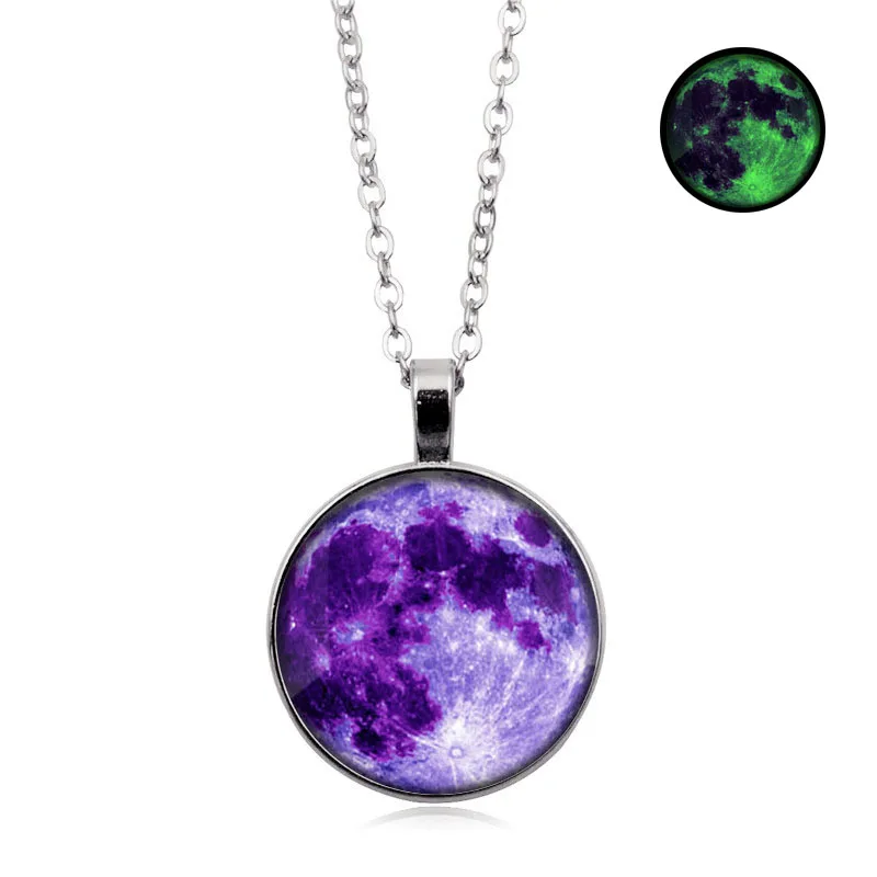 Hot sale Glow In The Dark Moon Pendant Necklace Galaxy Planet Glass Cabochon Luminous Jewelry Silver Chain Necklace Women - Окраска металла: 1