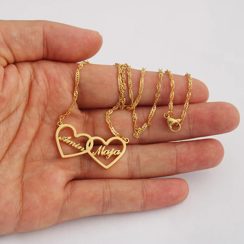 

Two Hearts Custom Jewelry Personalized Couples Name Necklace Mother Daughter Choker Gold Silver Bijoux Gift