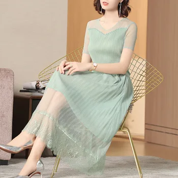 

Fashion Mesh Embroidered Dress Short Sleeve Lace Light Green Sweet Elegant Solid Long Summer Ladies Dress