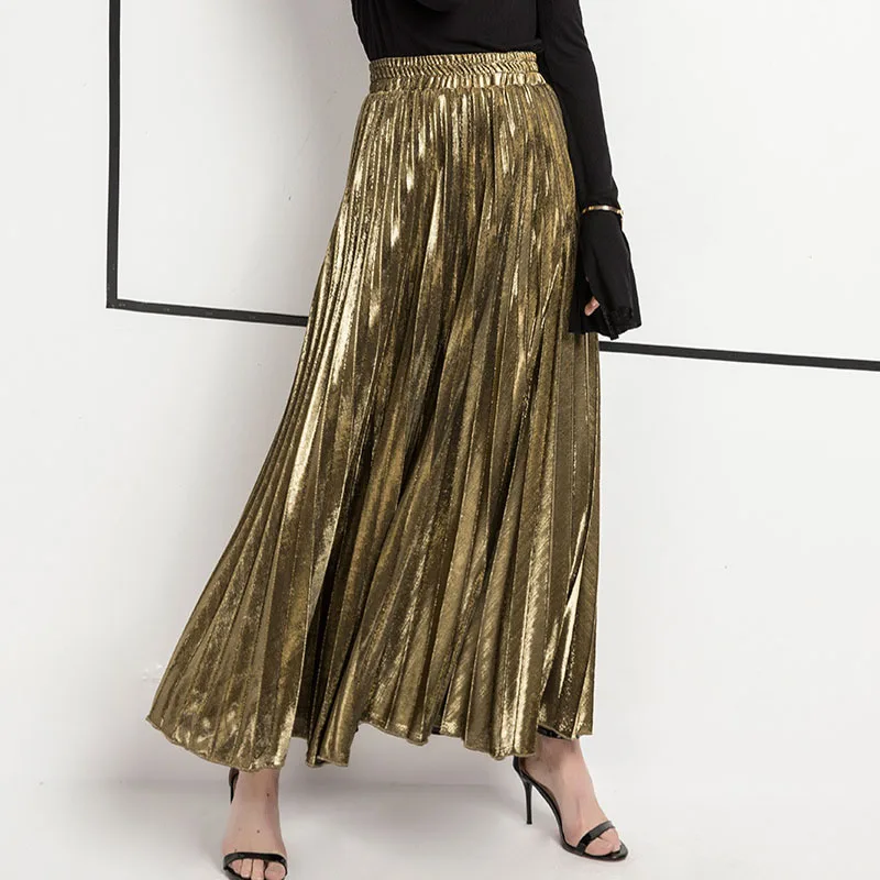

New Pleated Skirt Long Skirt 2019 Spring and Summer Europe and High Waist Large Swing Gold Beach Skirt Female