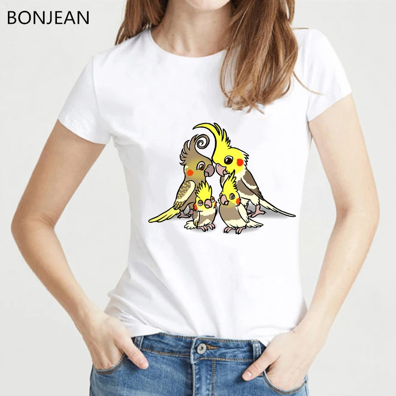 

New Summer Fashion Women T Shirt Hipster Cool Pied Cockatiel family Print T Shirt femme Funny Bird Design t-shirt female tops