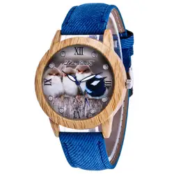 Для женщин часы ковбой ткань ремешок кварцевые часы птицы узор Круглый циферблат тонкое мастерство для пары друзей подарок