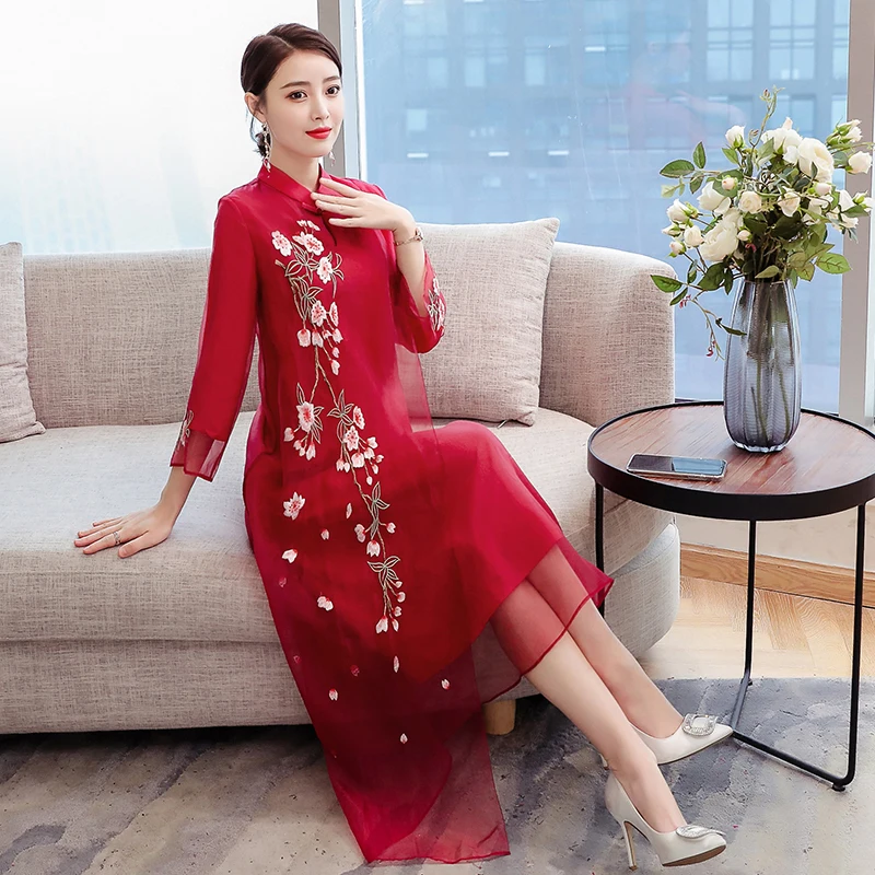 

Chinese Style Plus Size Summer Dress 2019 Women Three Quarter Sleeve Vintage Dresses Robe Femme Elegant Embroidery Party Dresses