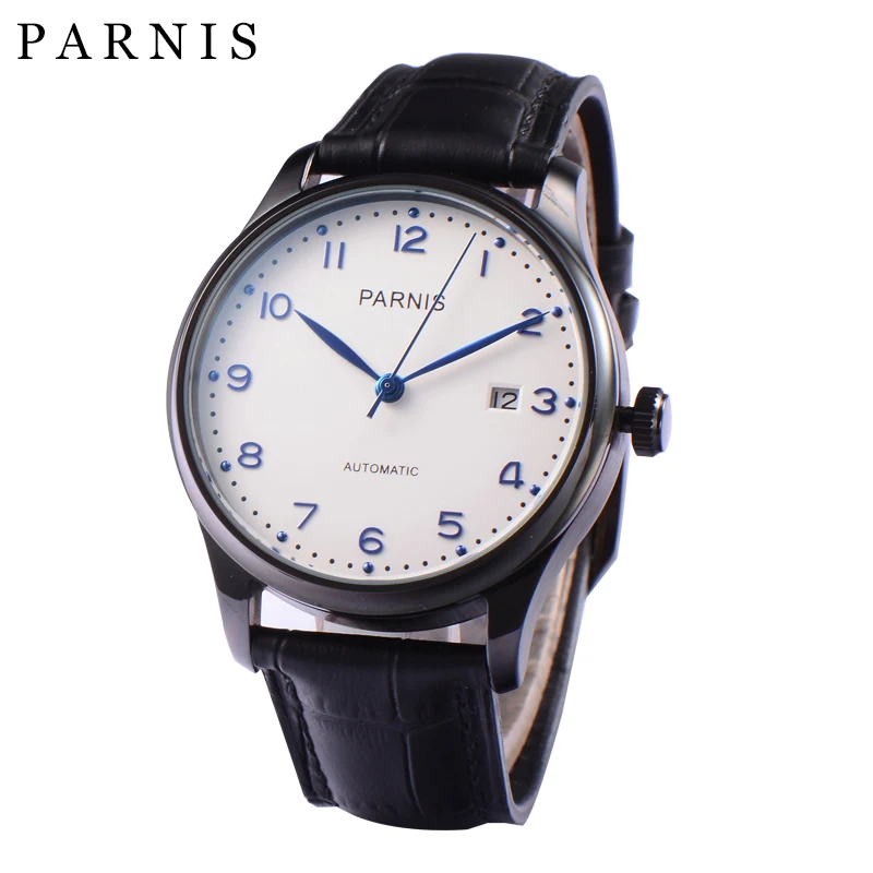

Casual Parnis Self Wind Seagull Movement Automatic Men Watch with Leather Band White Dial Design Wrist Watch
