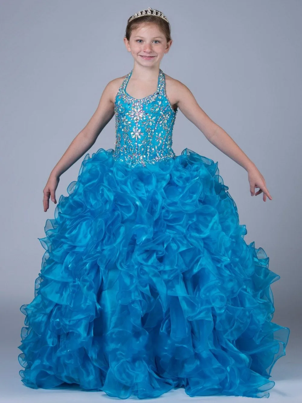

Glitter Crystal Beaded Halter Lovely Girls Pageant Dresses 2019 Organza Layered Ruffles Ball Gowns Girls Party Gowns