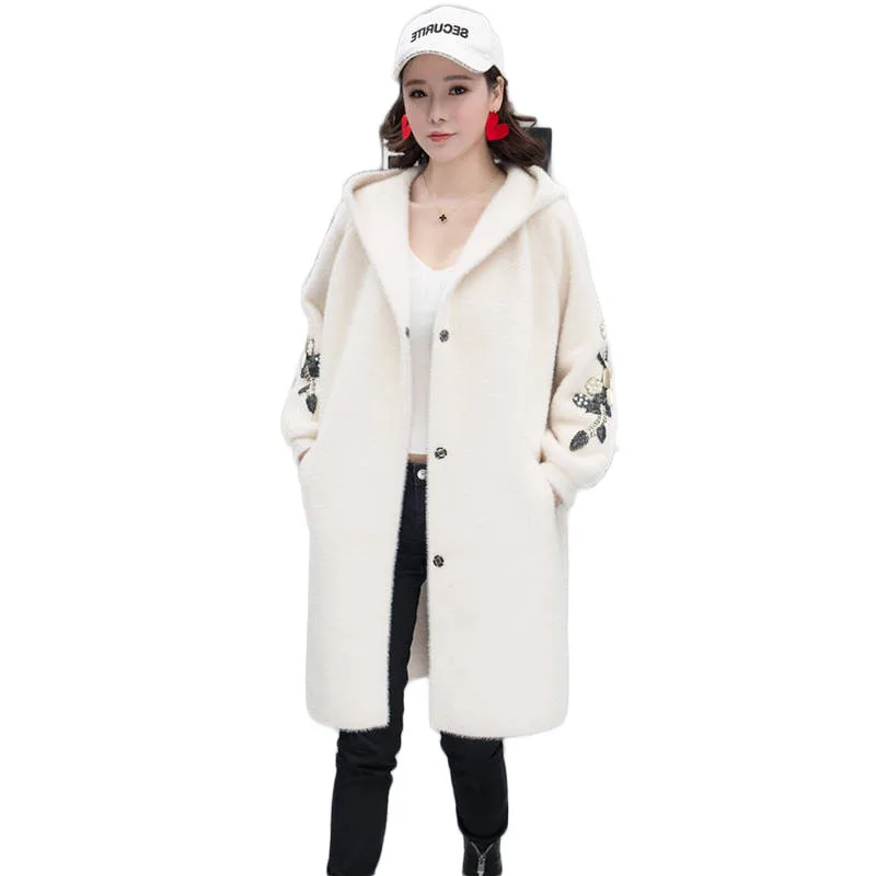 

2019 Autumn Winter Women Embroidery Hooeded Faux Mink Long Cardigan Sweater Female Thick Warm Knitted Wool Coat Casaco K106