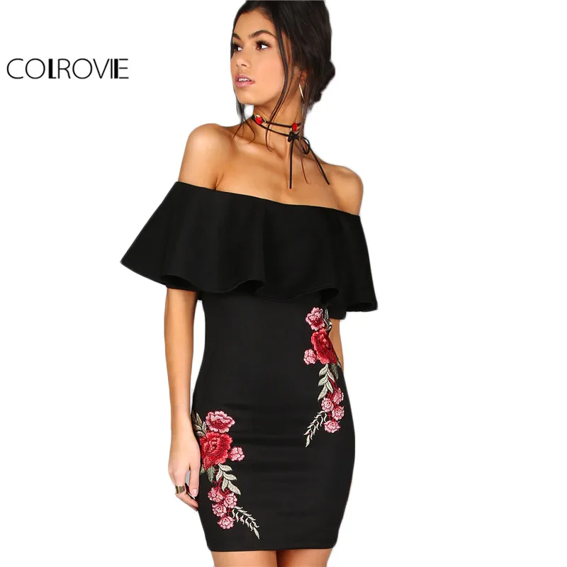 Buy Cheap COLROVIE Summer Dress Women Black Sexy Off Shoulder Embroidery Party Dresses 2017 Rose Applique Ruffle Elegant Bodycon Dress