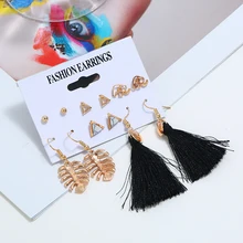 L&H 6Pairs/Set Boho Fashion Earrings Set Black Tassel Earrings For Women Exquisite Leaves Earings Simple Geometric Stud Earrings insect design stud earrings set 6pairs