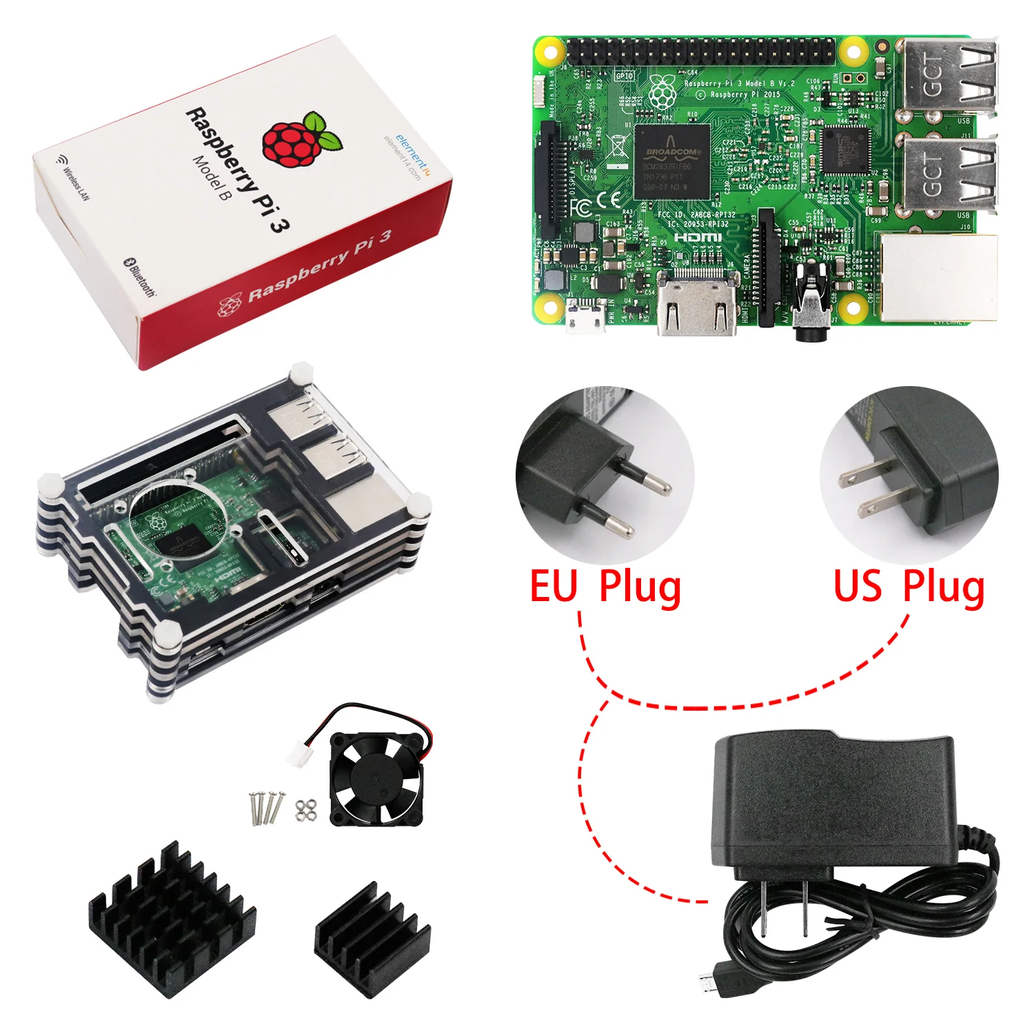 Raspberry PI 3 Model B стартовый комплект+ блок питания(ЕС/США)+ PI 3 акриловый чехол+ теплоотвод