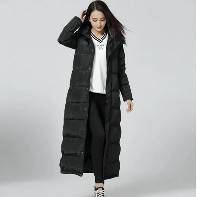 Черные пуховики, зимняя куртка для женщин, утолщенная, с капюшоном, женский пуховик, манто, Женская длинная куртка, женская теплая парка Макси C2729