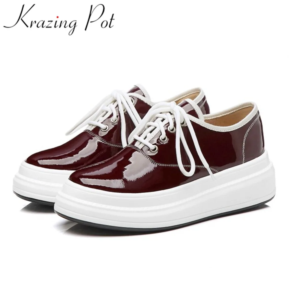 

Krazing Pot concise style new fashion vintage Preppy style thick med bottom platform sneakers round toe vulcanized shoes L16