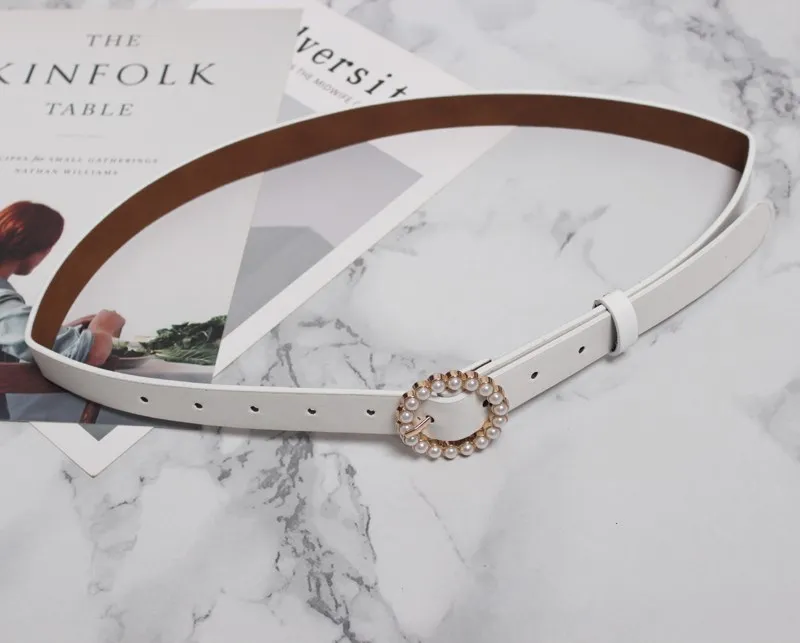 YaLee New Fashion Summer Autumn Simple 5 color artificial pearl Round Pin Buckle Girdle PU Leather Waist Belts Women A833 - Color: white