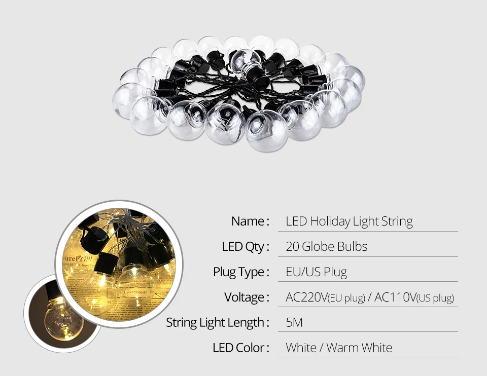 G40 Globe Festoon LED String Lights Garland 20 Clear Bulbs Indoor&Outdoor Garden Patio Party Fairy Light Christmas Decoration (2)