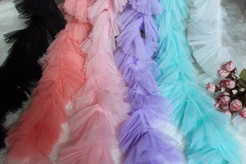 

1 yard tulle ruffled lace trim in aqua blue tiffanyblu, tutu dress ruffle trim mesh, doll dress fabric, wedding decors