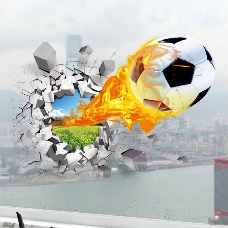 

1pc Car Broken Wall Mural 3D Basketball Wall Stickers Vinyl Soccer Poster Boys Room Ornament Home Living Room Background