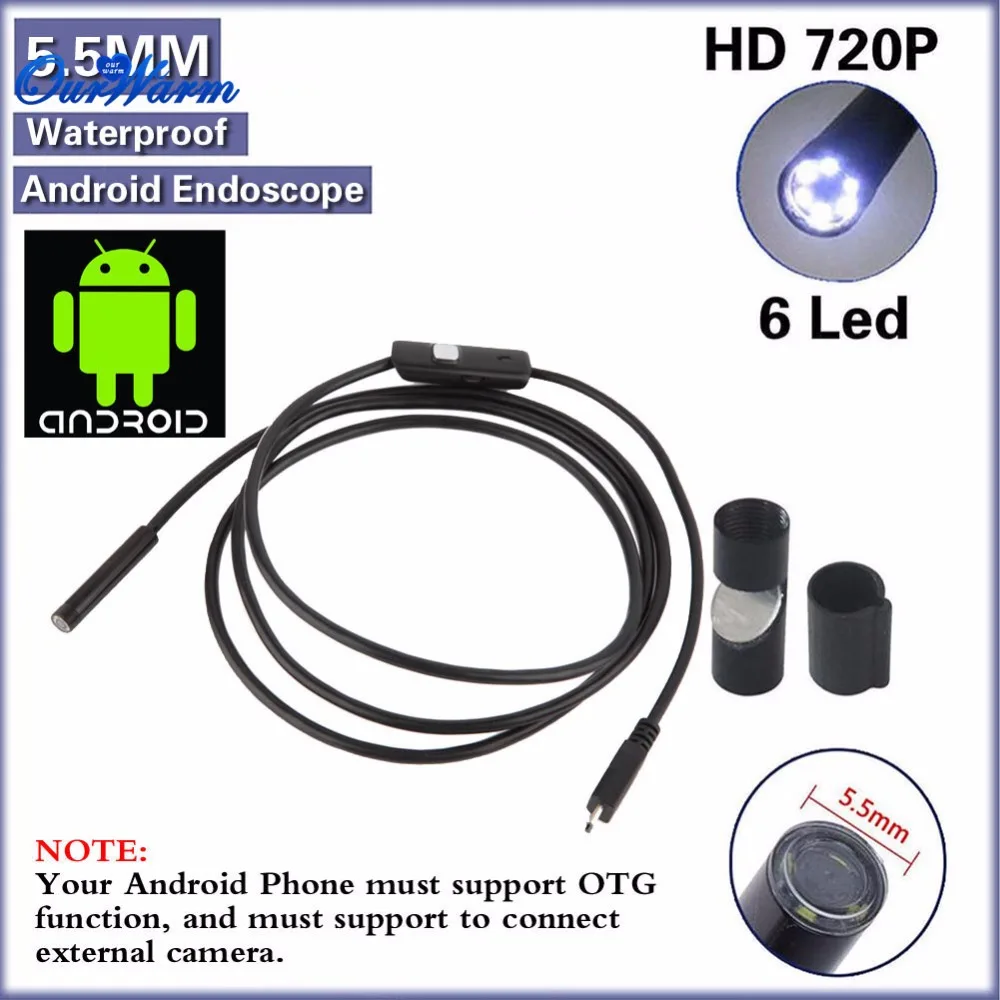 

6 LED Android USB Endoscope 5.5mm Lens Waterproof Inspection Borescope Tube Camera with 1M Cable Mirror Hook Magnet