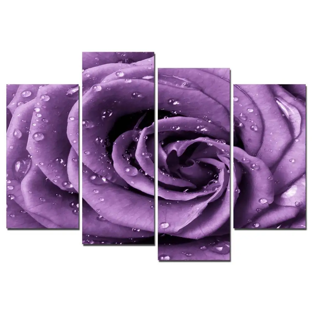 Drop Shipping 4 Panel Purple Rose Printed Painted Canvas Printed