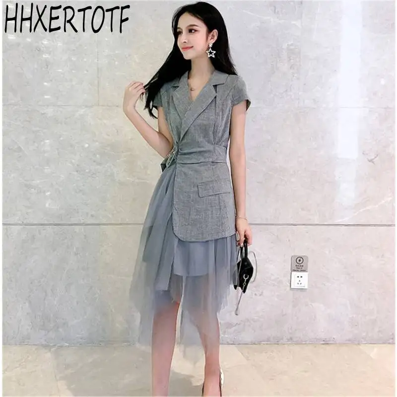 

2019 summer new women short sleeve waist ruffles stitching mesh dress female elegant irregular dresses