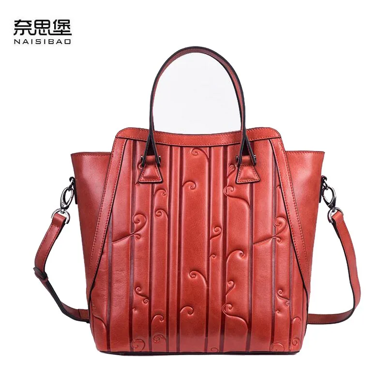 

NAISIBAO 2019 New women genuine leather bag embossing fashion luxury handbags women bags designer tote real cowhide bag