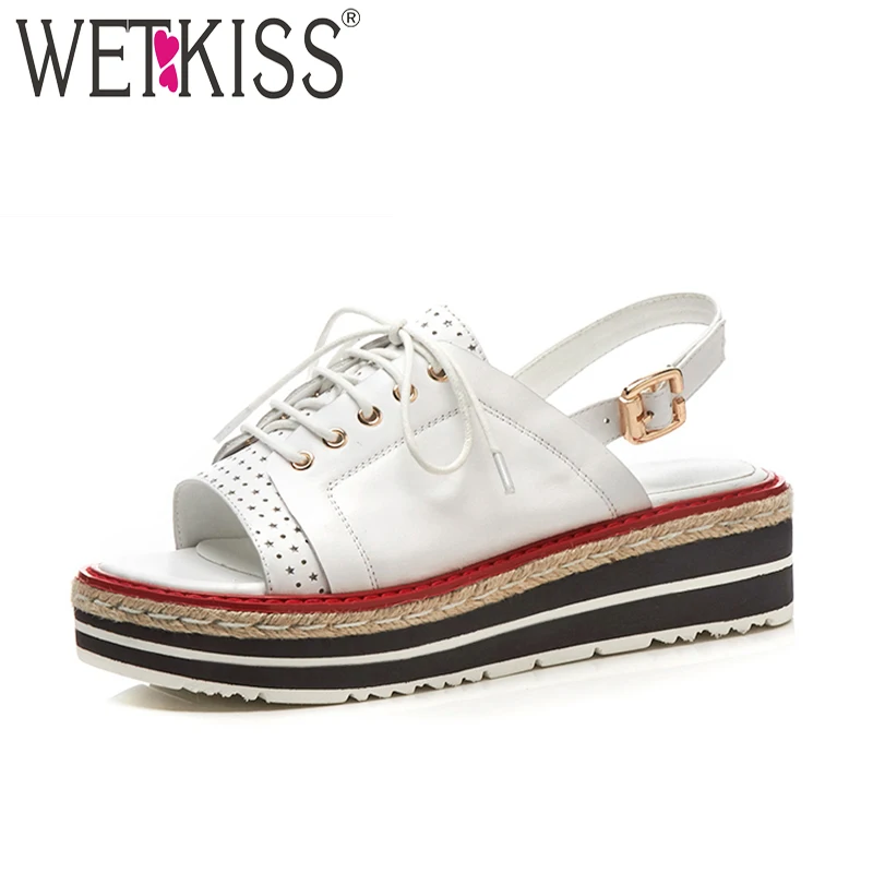 WETKISS Summer Women Sandals Wedges Genuine Leather Shoelaces Straw Weave Platform Footwear Fashion Casual High Heels Girl Shoes lenkisen genuine leather big size wedges summer shoes gladiator super high heels straw platform sweet style women sandals l45