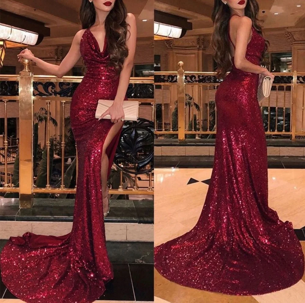 

Hanging Down V Neck Red Mermaid Evening Dress 2019 Sexy Evening Style High Slit Shiny Sequin Train Formal Gown Prom Party Dress