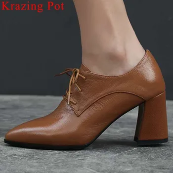 

2019 Hollywood movie stars soft natural leather thick high heels lace up pointed toe pumps dress shopping casual wear shoes L58