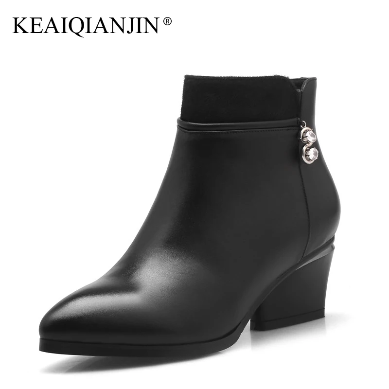 

KEAIQIANJIN Woman Crystal High Heel Boots Botas Mujer Martens Boots Black Autumn Winter Genuine Leather Studded Ankle Boots 2017