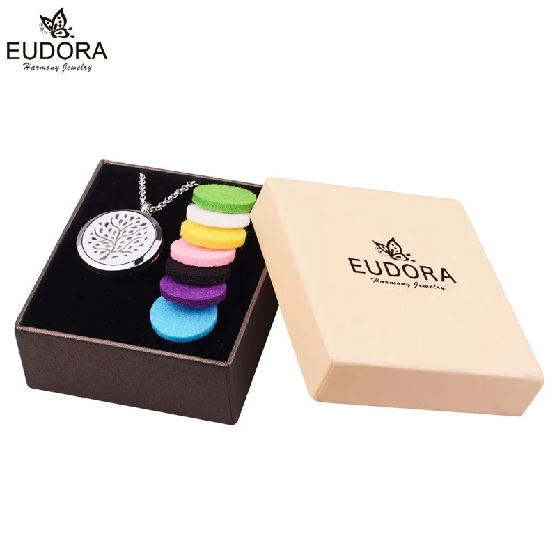 

EUDORA 30mm Stainless Steel Tree of life Round Essential Oils Aromatherapy Locket Pendant Perfume Diffuser Necklace Jewelry Gift