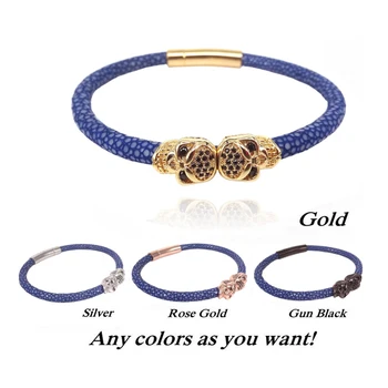 

Fashion Double Skull Genuine Blue Stingray Leather Bracelet With 316L Stainless Steel Bangles Fit for Men Women Watch Accessorie