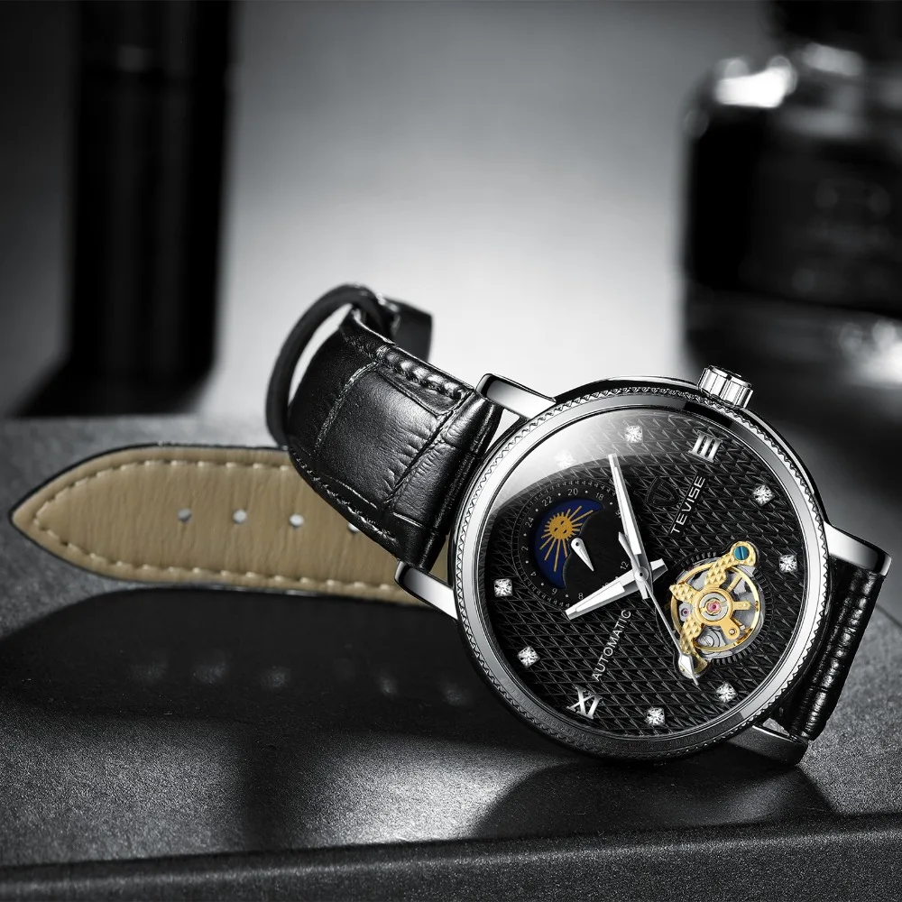Модные деловые автоматические часы TEVISE механические Moon Phase Tourbillon Montre Homme Automatique