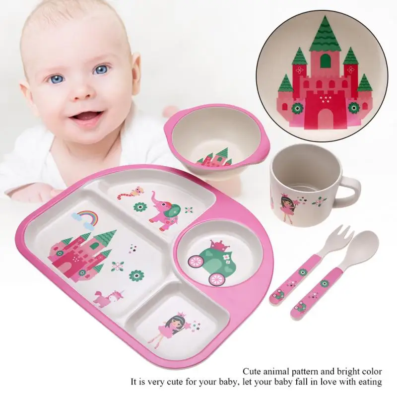 

5Pcs/set Baby Bamboo Fiber plate 4 Slots Children Tableware Dishes Dinnerware Infant Dishes Bowl Cup Plates Sets baby feeding