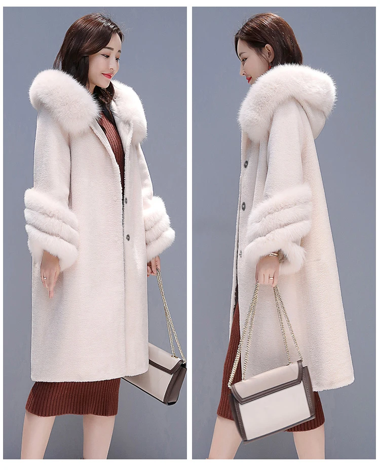 HANZANGL, высокое качество,, зимнее шерстяное пальто, Женское пальто из искусственного меха, Лисий мех, с капюшоном, теплая кашемировая куртка, пальто, плюс размер M-3XL