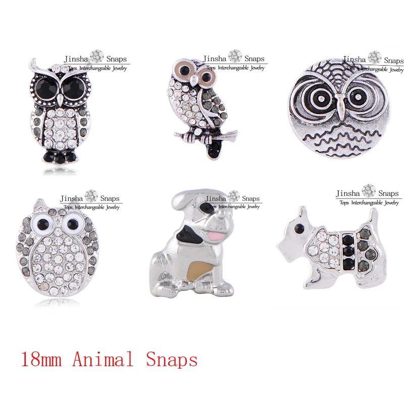 6 Style Animal Shape Metal Snaps Ancient Silver Cute Dog /Owl/Cat 18mm Snaps Charms Button