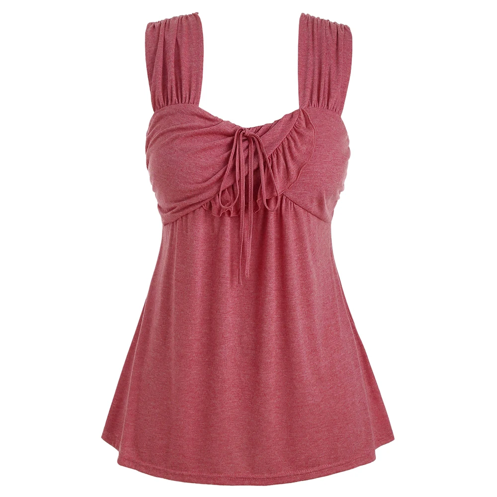 

Women Plus Size Tie Tank Top Pleated Ruffles Sleeveless Tank Solid Square Neck Wide Shoulder Strap Lacing Tank Top