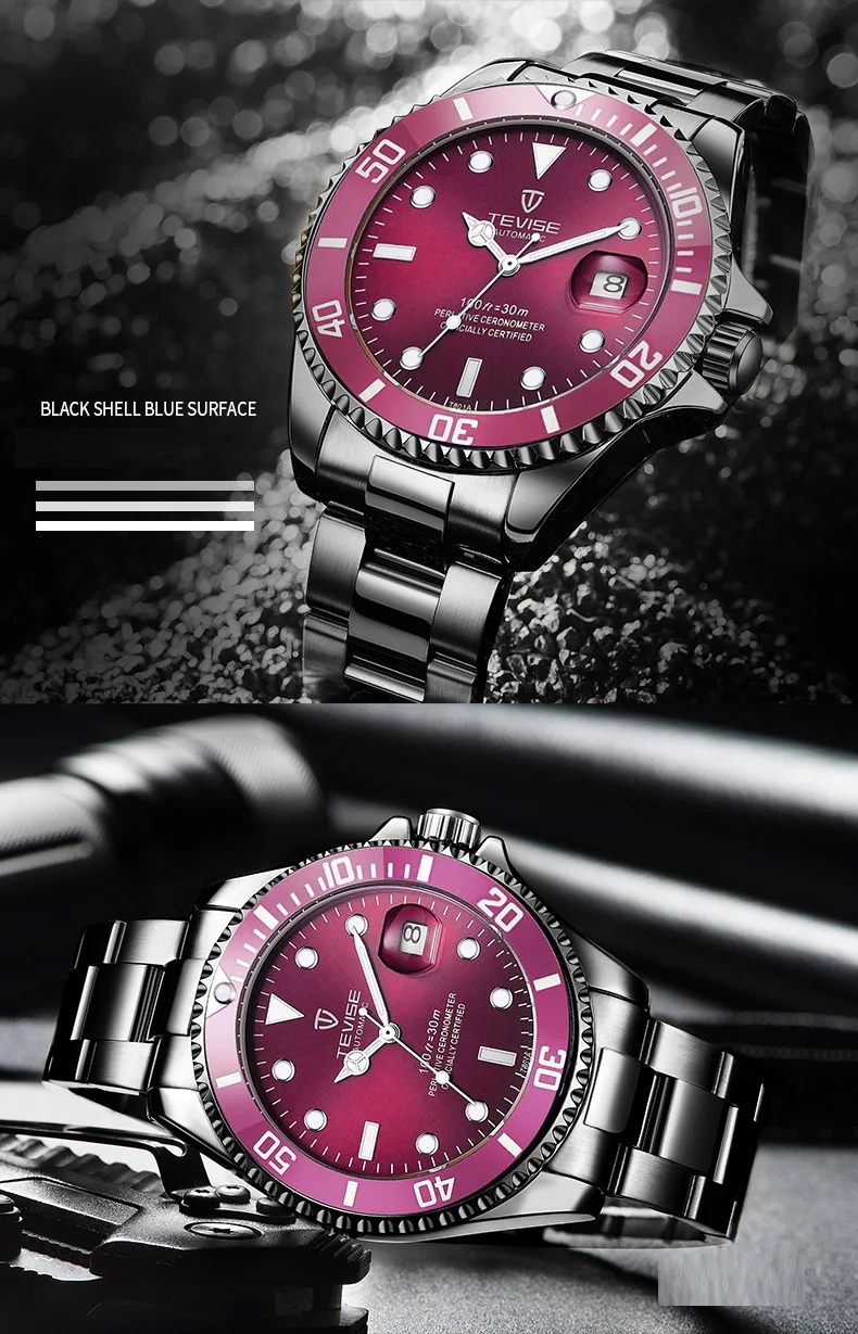 1TEVISE Red Watch Men Creative Luminous Watches Date Waterproof Clock Man Blue Automatic Watch Purple Mechanical Wristwatches (4)