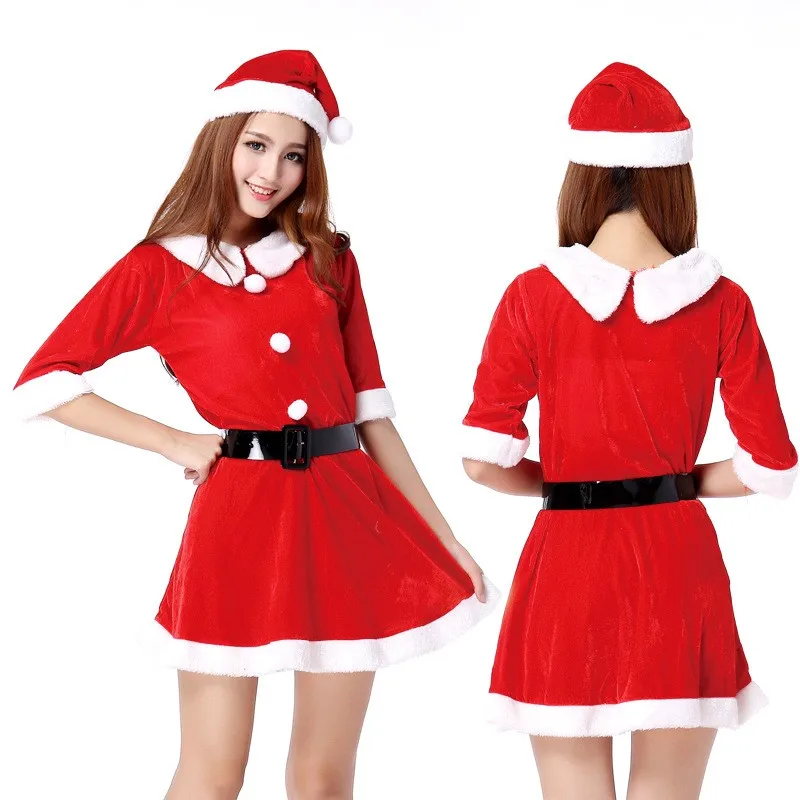 Рождественский костюм с воротником в стиле Питера Пэна, Новое поступление, маскарадный костюм Санта Клауса, сексуальное рождественское платье с поясом в виде шляпы