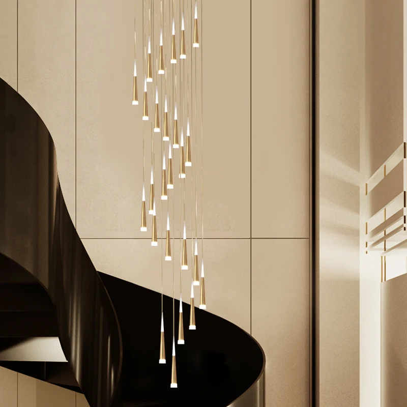 

Golden Metal Finished LED Chandeliers Lighting For Staircase Bar Dining Room Cone Shape Modern Home LED Chandeliers AC110V 220V