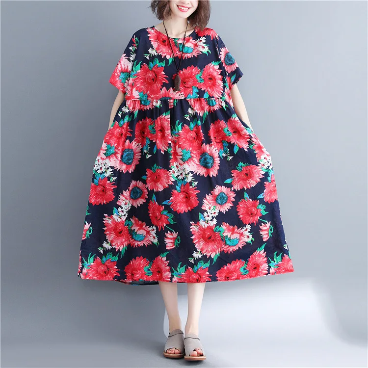 Женское винтажное платье из хлопка и льна с цветочным принтом круглым вырезом