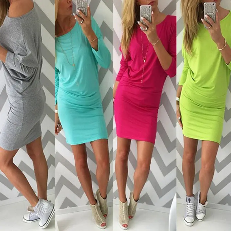 

Summer New Women's Roll Neck Bodycon Long Sleeve Sheath Solid Pure Color Dress Ladies Party Evening Mini Dress