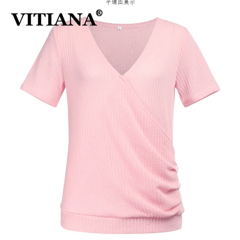 VITIANA Women Casual T-Shirt Summer Female 2019 Short Sleeve V-Neck Buttons Elegant Tees Ladies Solid Black Streetwear Tops VITIANA Women Casual T-Shirt Summer Female 2019 Short Sleeve V-Neck Buttons Elegant Tees Ladies Solid Black Streetwear Tops