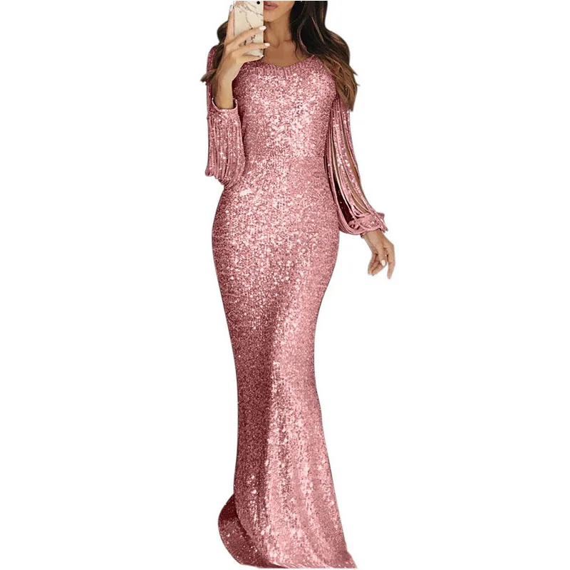 SEBOWEL/Вечерние платья макси с длинным рукавом и бахромой, женское облегающее платье в пол с блестками, S-XL