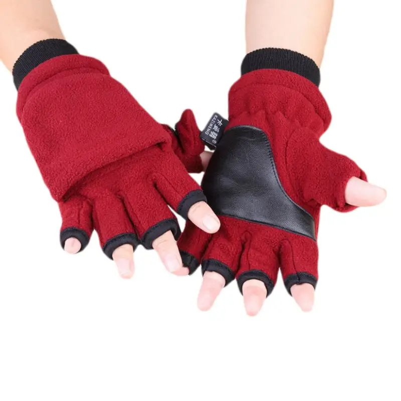 Женские и мужские Зимние флисовые перчатки на половину пальца с откидной крышкой, двухслойные Утепленные перчатки с сенсорным экраном без пальцев, варежки на запястье