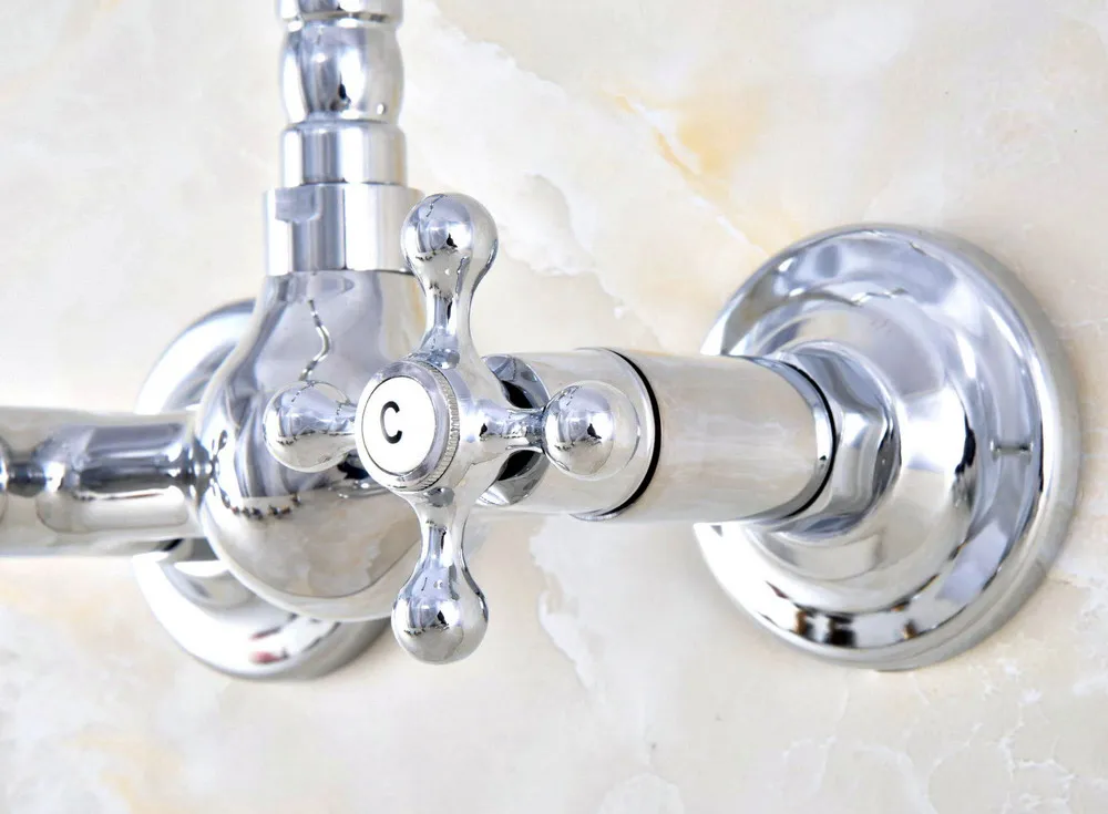 Modern Polished Chrome Brass Wall Mounted Bathroom Basin Kitchen Sink Faucet Swivel Spout Mixer Tap Dual Cross Handles anf584