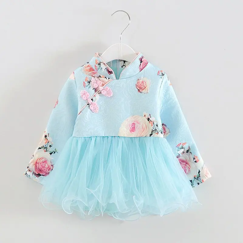 

spring autumn kids girls dresses baby turtleneck long sleeve Chinese style flower printed patchwork cute dress children clothes