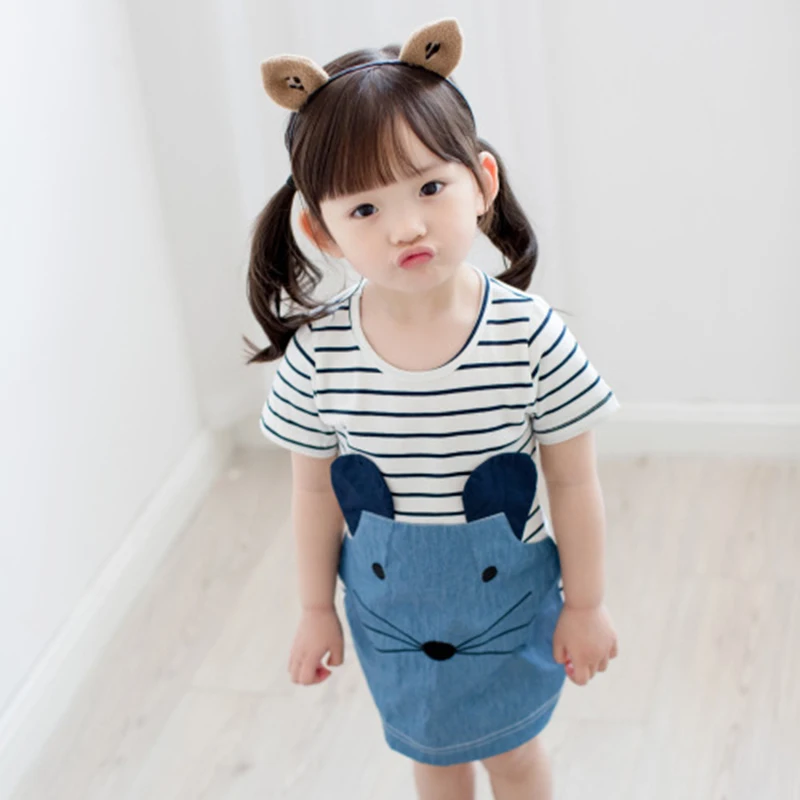 

Baby Girls Dresses 2016 Sping summer children clothing lovely Casual little mouse kids Striped Patchwork Denim Long Sleeve dress
