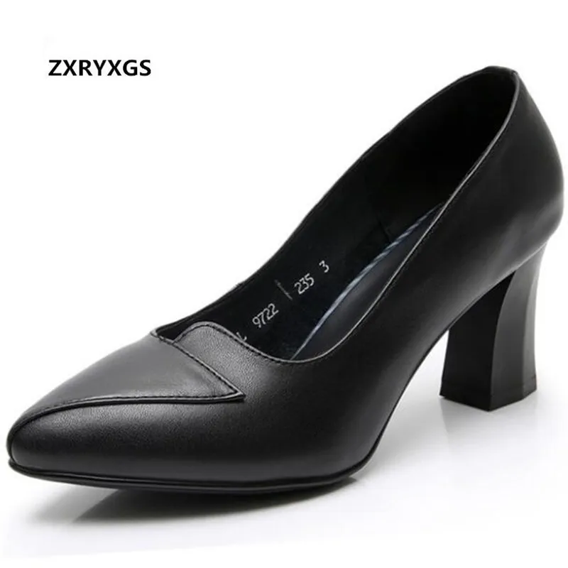 

Soft Cowhide Comfortable Work Shoes Woman Leather Shoes Thick with High Heels 2019 New Autumn Women Pumps Shoes Black Non-slip